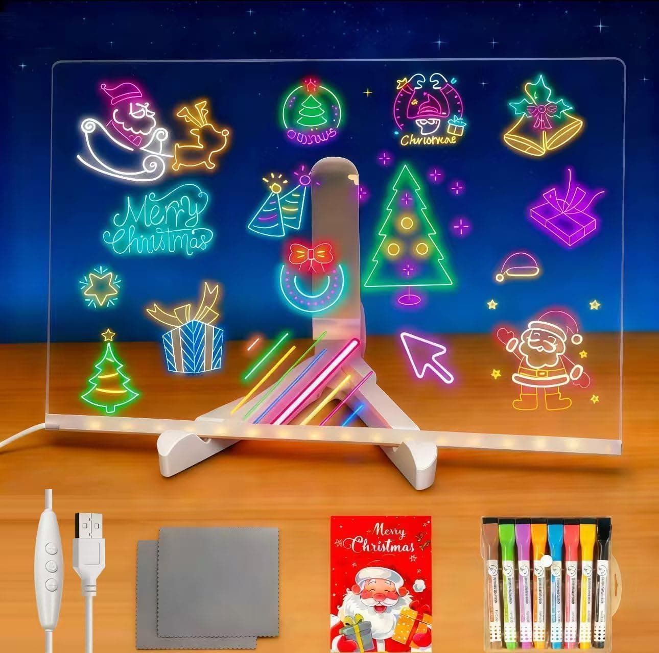 LED Drawing Board with 7-Colors,Equipped with Stand,8 Colored pens (with Eraser Caps),Sketchbook,Adapter, Hook, Chain, Spray Bottle, Cloth and Sketchbook (12x“8”) LED Note Board
