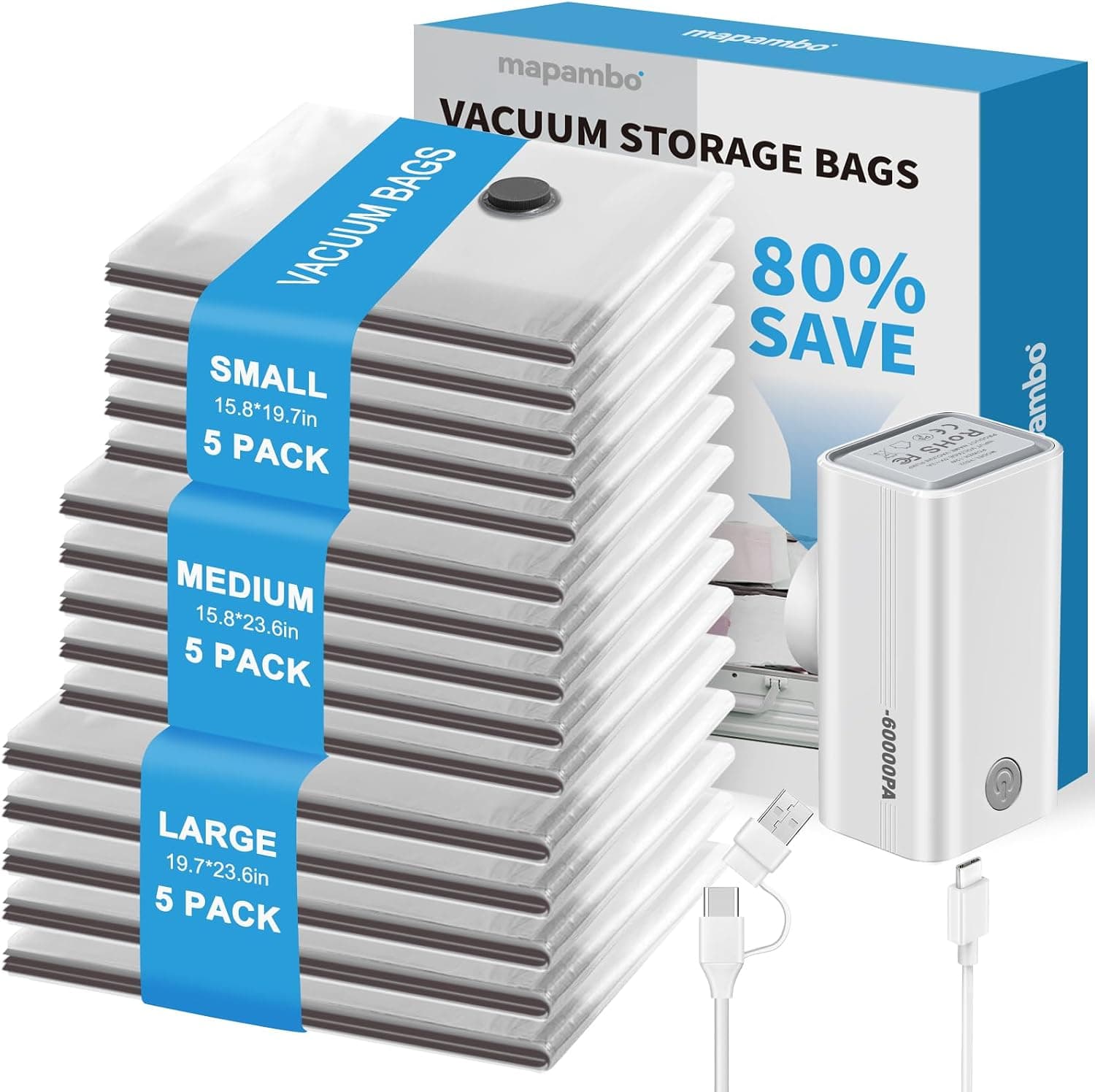 15 Pack Vacuum Bags for Travel with Pump, Vacuum Seal Bags for Clothing