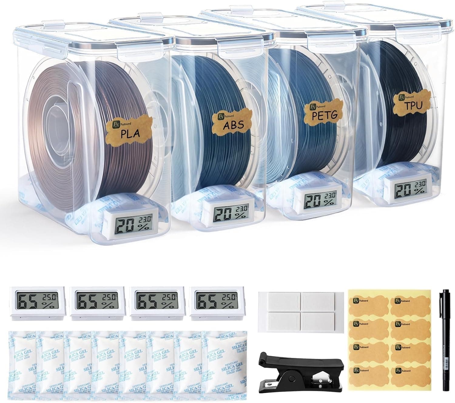 Filament Storage Box - 4 Pack 4L 3D Printer Filament Containers with 4 Hygrometers, Airtight Dry Boxes for Sealing and Protection, Water-Proof & Dust-Proof, Reusable Desiccant, Tube Cutter