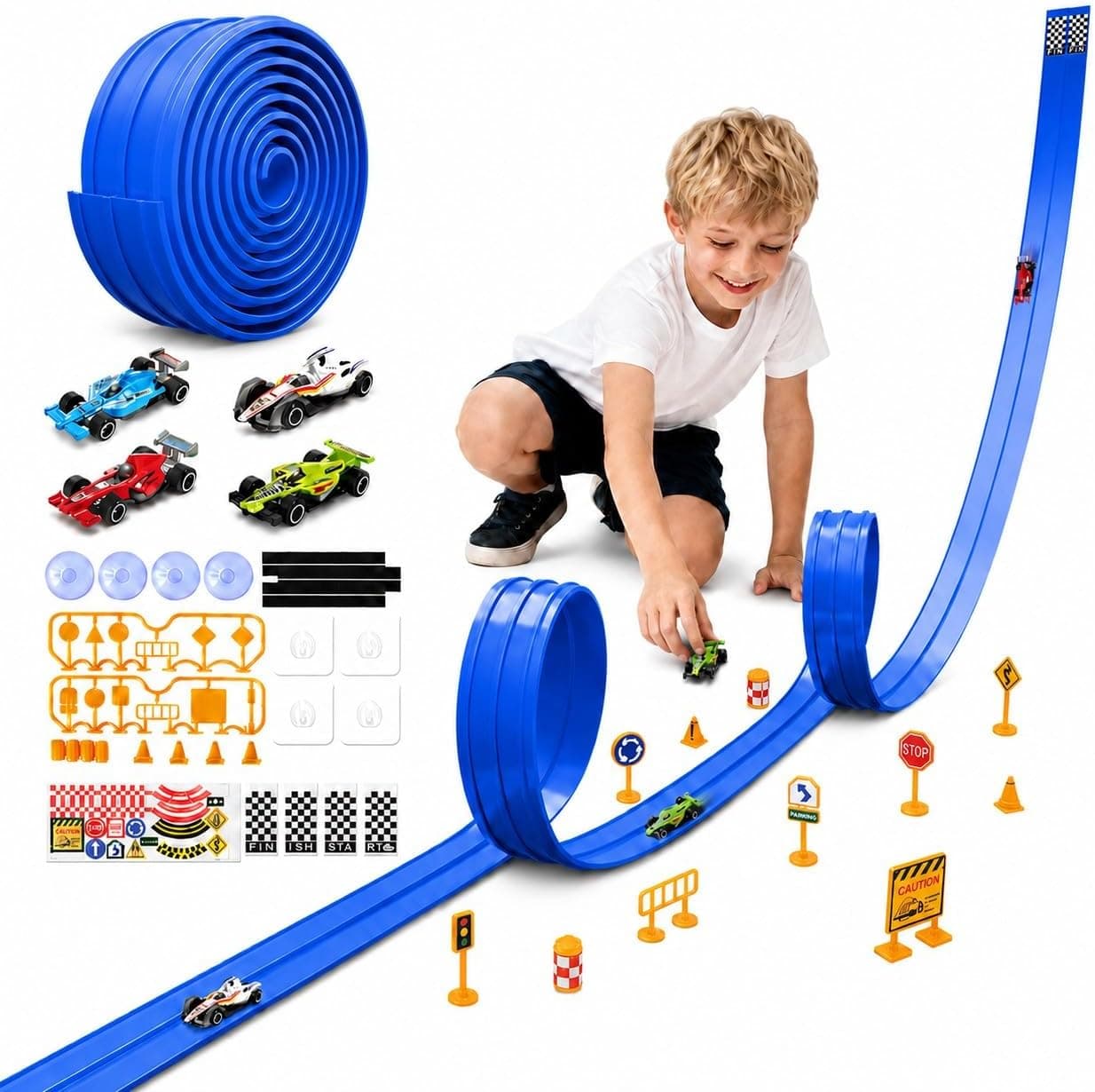 16.5Ft Flexible Race Car Track with 4 Cars, Suction Cups, Hooks & Roadblocks, Compatible with 1:64 Scale Toy Cars, Portable DIY Racetrack Gift for Kids Ages 3+ Blue