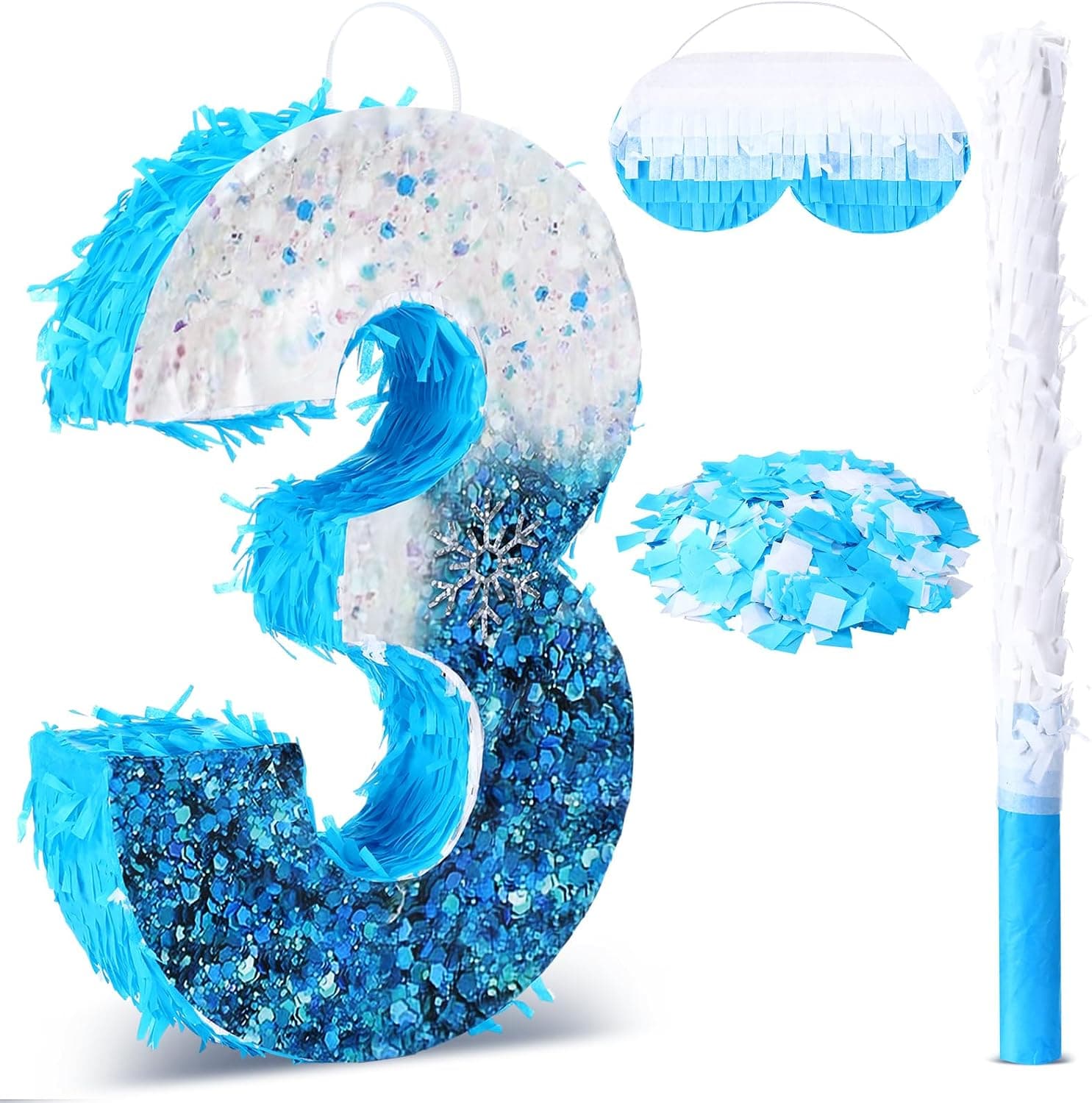 Soulchen Winter Ice Number 3 Piñata with Stick Blindfold Confetti Princess Piñatas for Birthday Party Decorations Blue Fairy Magical World Game Supply, 16.1 x 10.6 x 3 Inch
