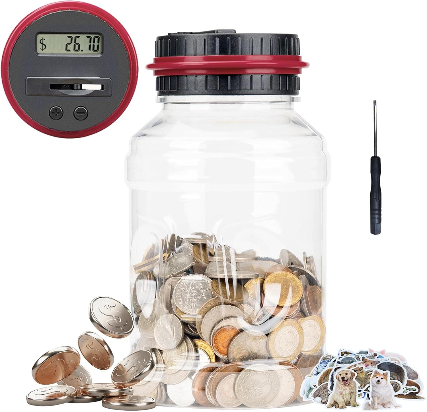 Digital Counting Piggy Banks for Adults, 1.8L Capacity Coin Bank with LCD Counter Display, Transparent Money Coin Jar for Money Saving, Holds All US Coins, Ideal Gift for Boys Girls (Red)
