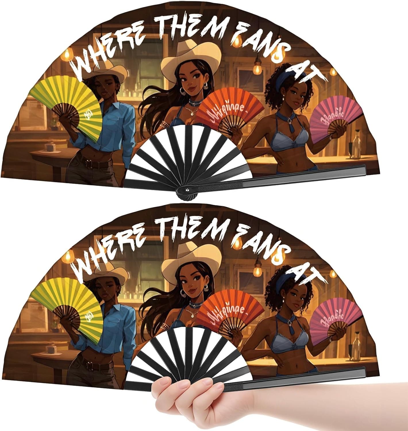 2Pack Where Them Fans At Clack Fan, Line Dance Popping Fans, Hand Fan Foldable Large Festival Hand Folding Fans, 26In