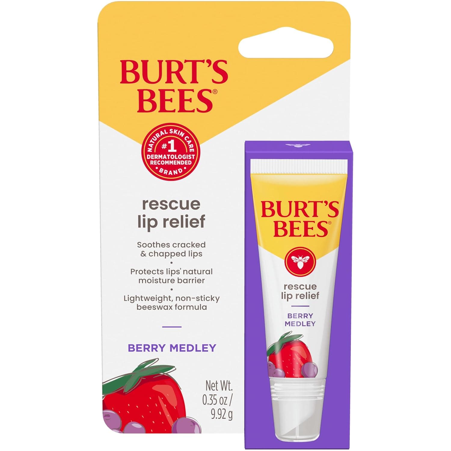 Burt's Bees Rescue Lip Relief, Berry Medley, Hydrating Lip Balm for Dry Cracked Lips, with Responsbily Sourced Beeswax and Shea Butter, 100% Natural Origin, 4 Squeezy Tube, 0.35oz