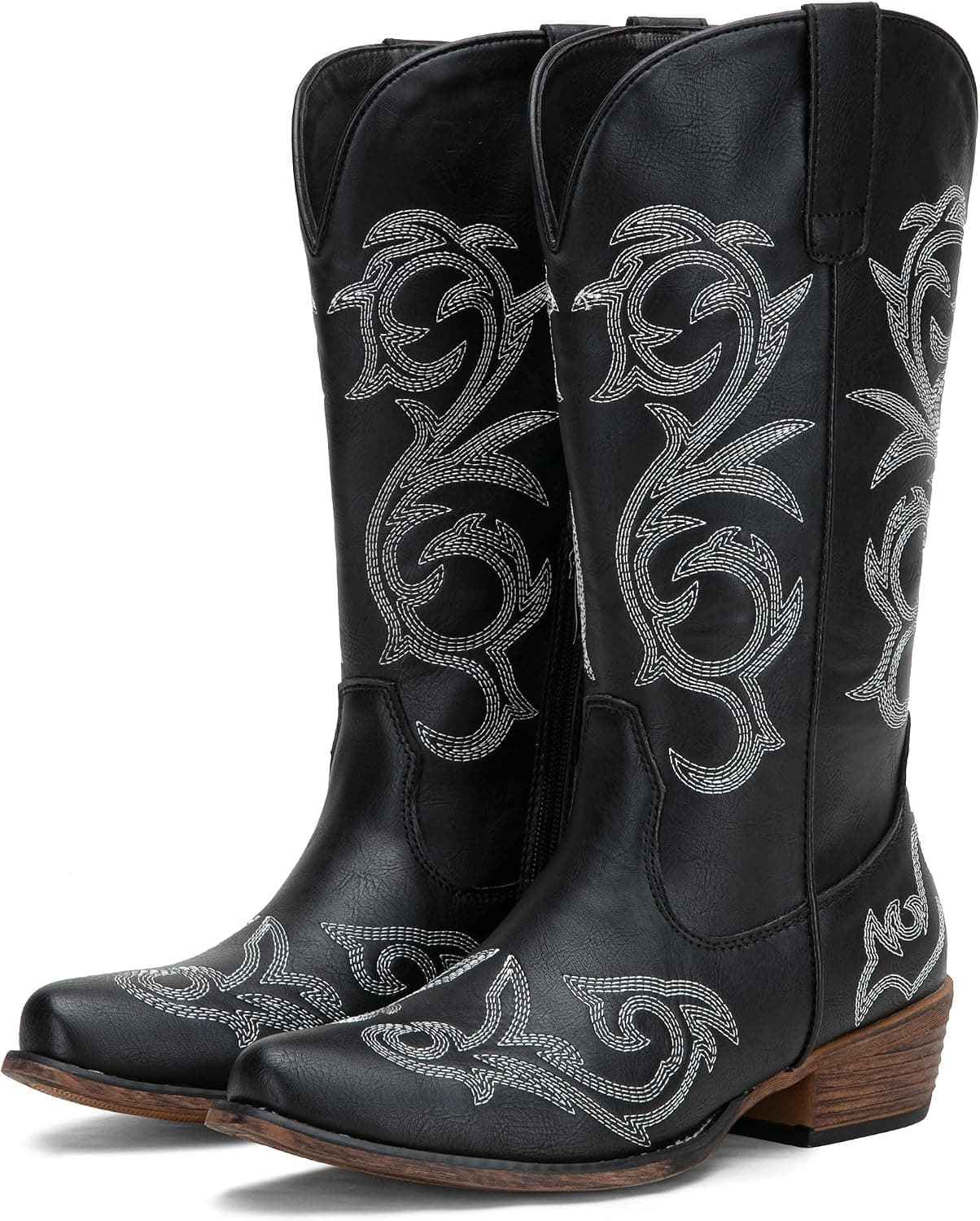 Women's Wide Calf Cowboy Boots, Embroidered Mid Calf Style