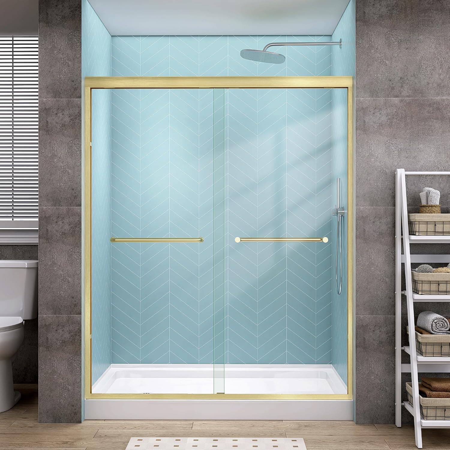 Shower Door Double Sliding 56-60 in. W x 72 in. H Semi-Frameless Bypasss Bathroom Glass Shower Sliding Doors,1/4 inch Clear Tempered Glass Door for Walk-in Shower Brushed Gold