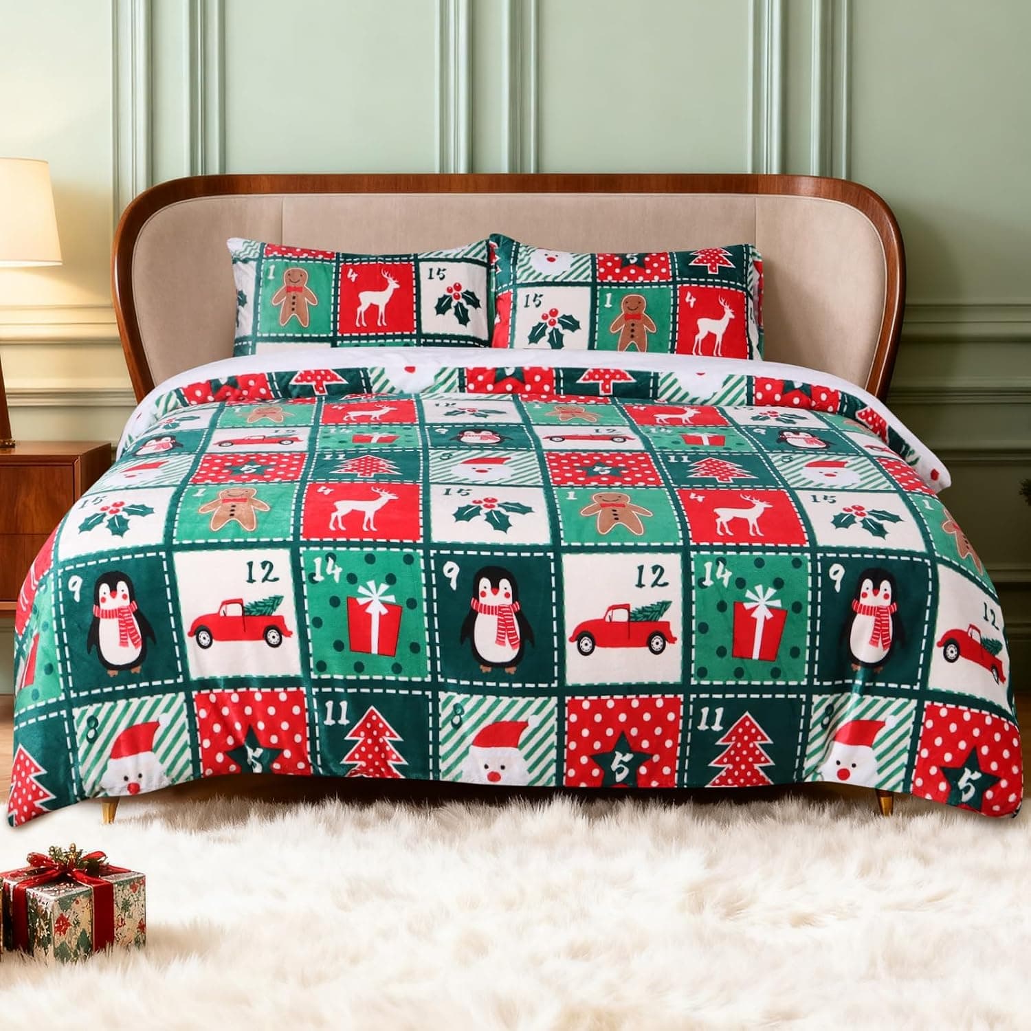 Gogreen Luxury Christmas Flannel Queen Duvet Cover Set, Soft & Breathable 2 Pieces Queen Bedding Sets, Pattern Queen Comfy, with Zipper Closure - Christmas Collection