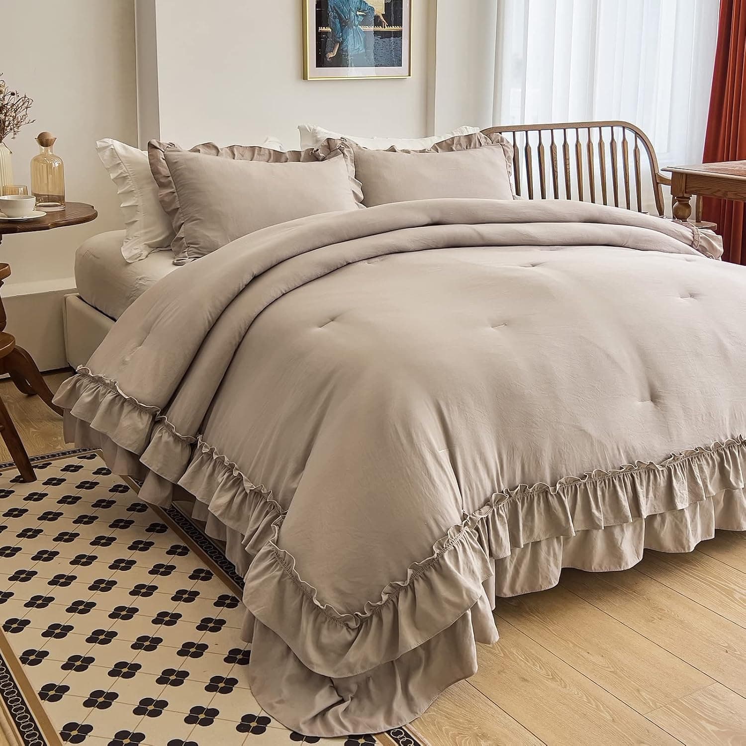 AIKASY Taupe Comforters Queen Size Set, Vintage Boho Chic Farmhouse Bedding Sets Shabby Ruffle Queen Bed Comforter Bedding 3PCS(1 Comforter and 2 Pillowcases)