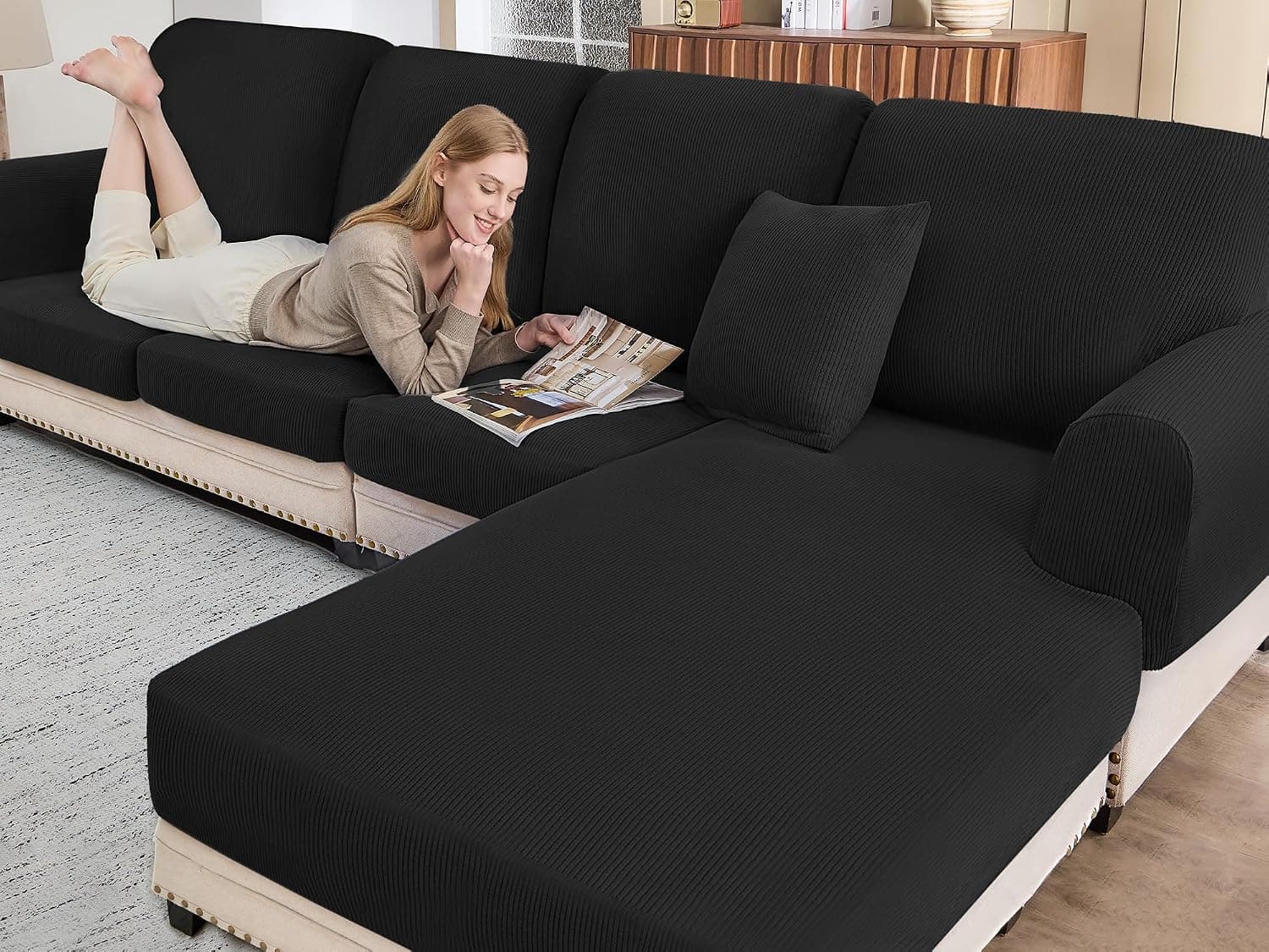 BT.WA Sectional Couch Covers for Sofa Cushion L Shaped Couch Cover Washable Soft Couch Cushion Covers Stretch Sofa Slipcovers(Black)