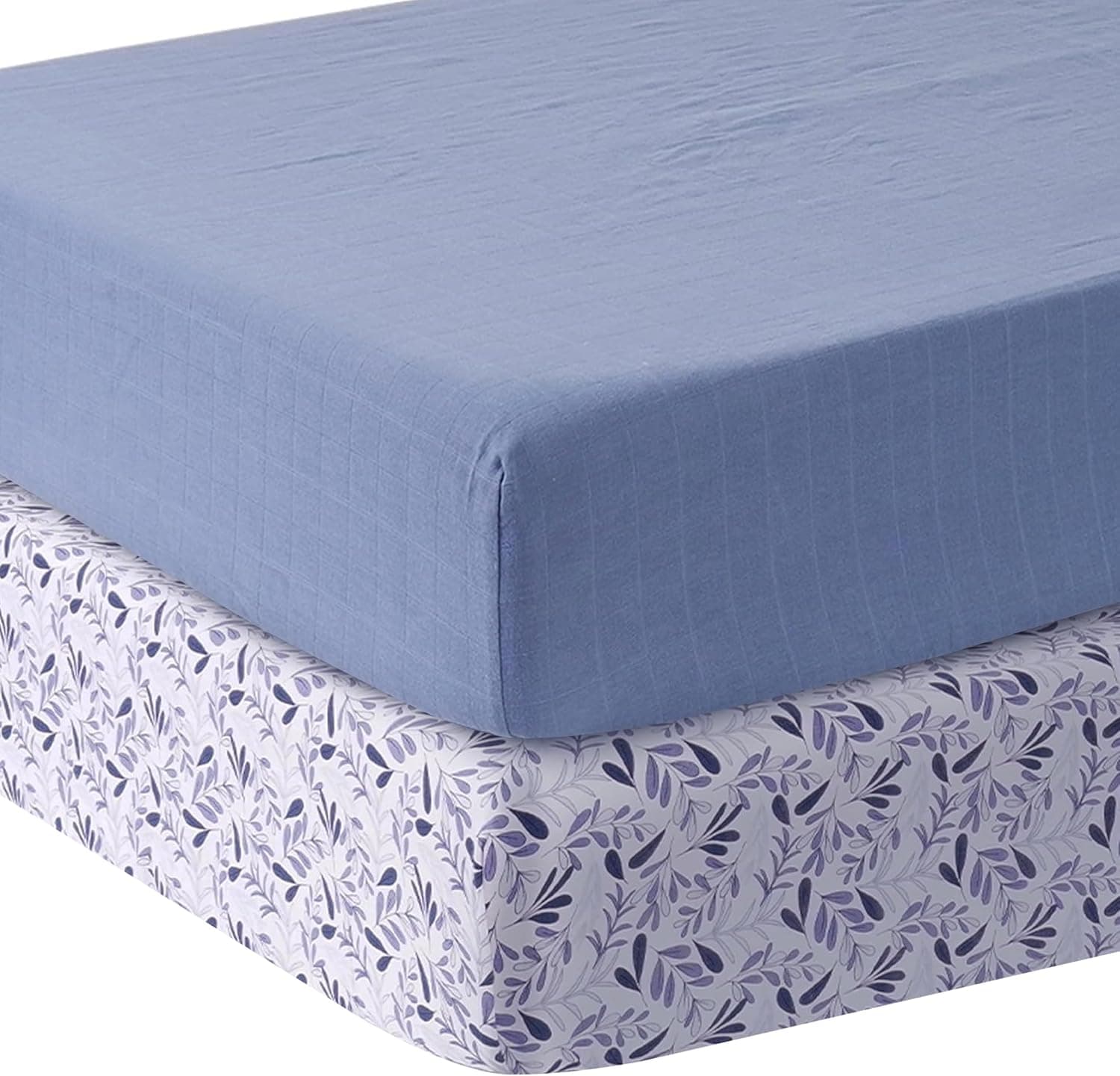 MOZAH Organic Muslin Crib Sheets, Soft and Breathable Bedding for Baby Girls or Boys, Snug Fitted Sheet for Standard Cribs & Toddler Mattresses, 2 Pack, Blue and Blue Leaves