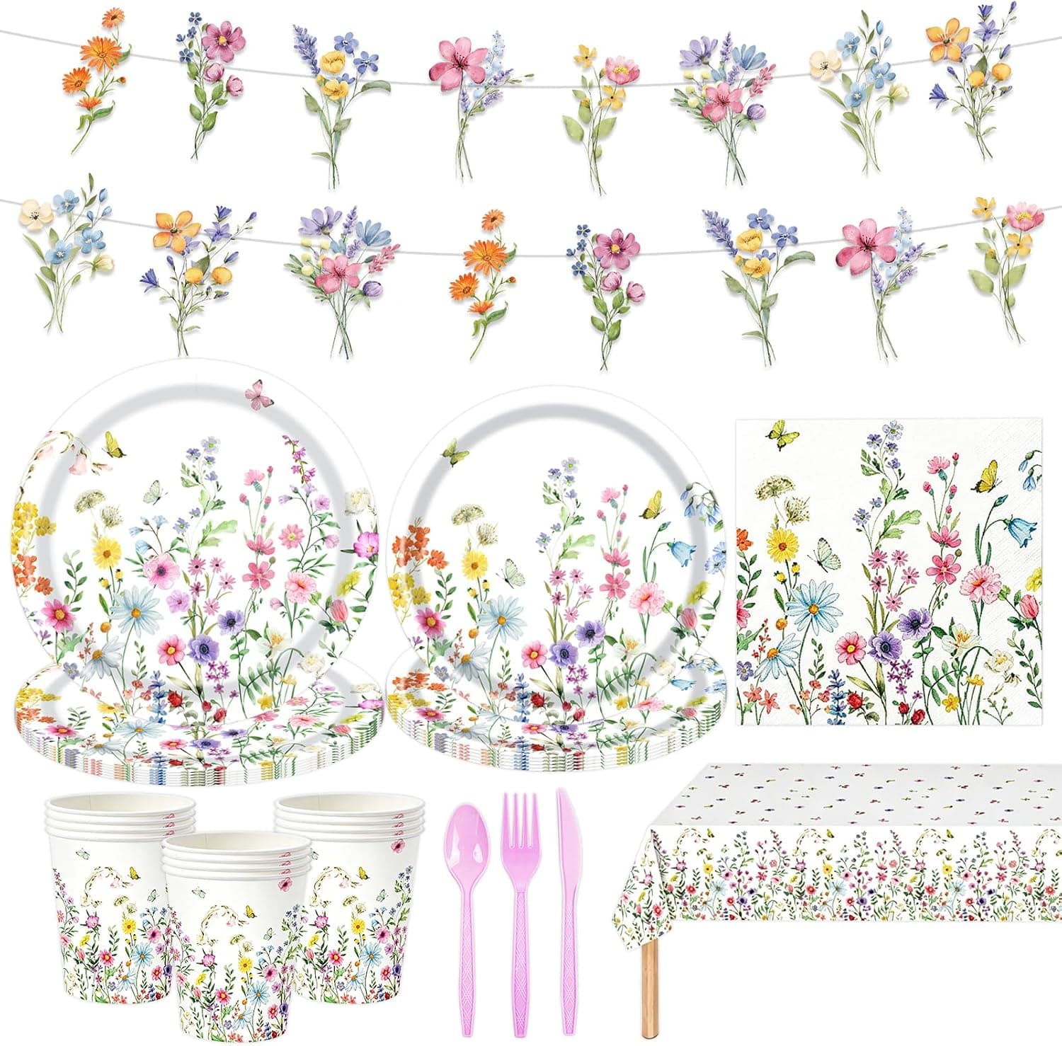 142 Wildflower Party Decorations, Floral Birthday Tableware Set Includes Banner Plates Napkins Cups Tablecloth Cutlery for Spring Summer Wedding Baby Shower Birthday Tea Party Supplies Serves 20