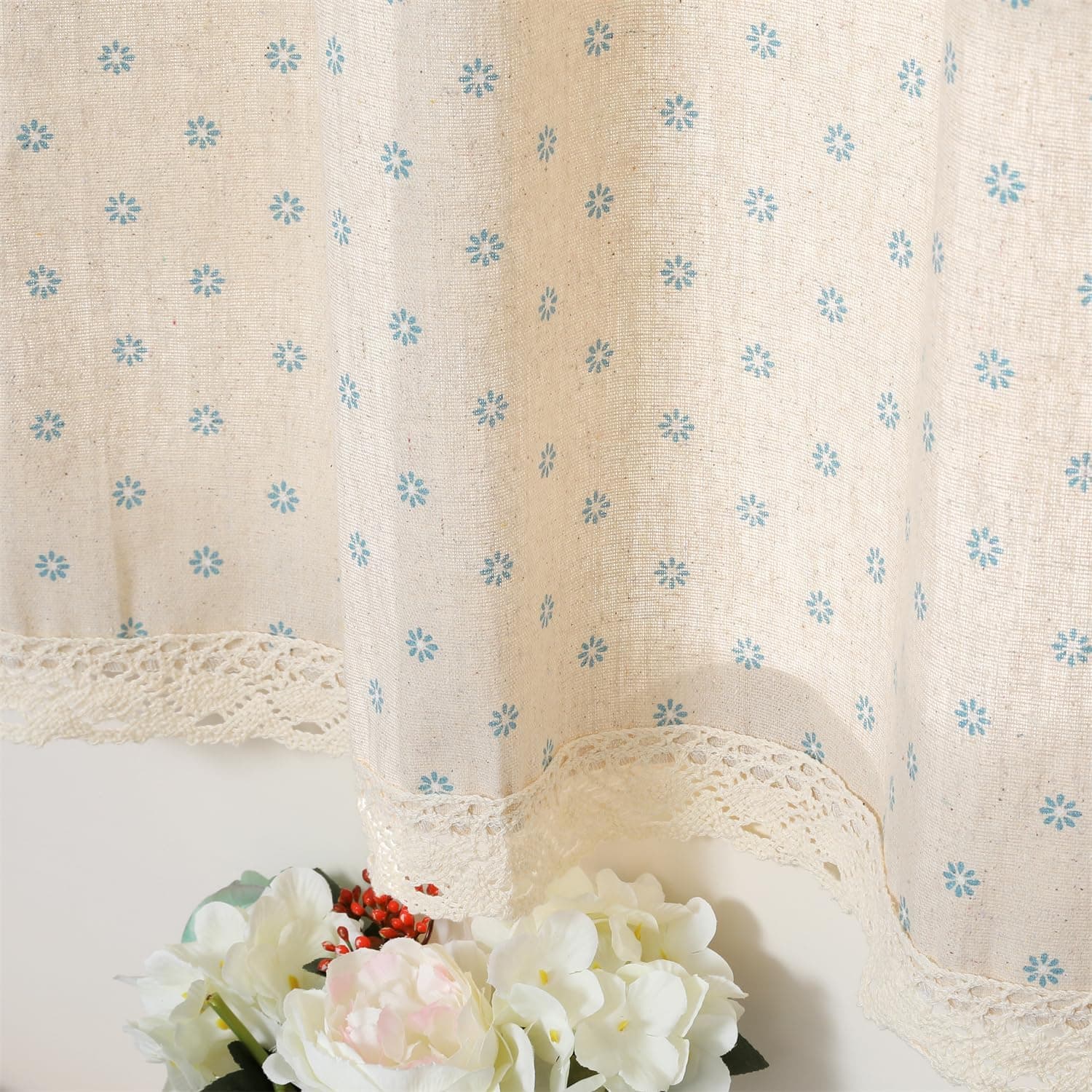Farmhouse Cotton Linen Curtain 62.9 Inch Long Elegant Floral Lace Window Drapes Kitchen Bathroom Curtain, 1 Panel, Blue Daisy