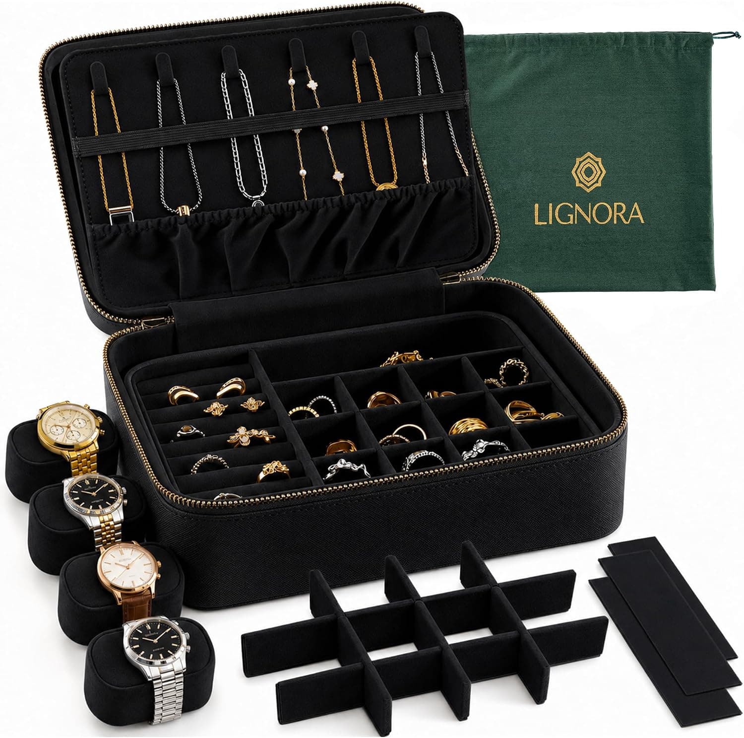 Luxury Travel Jewelry Organizer for Men & Women, Large Customizable Case