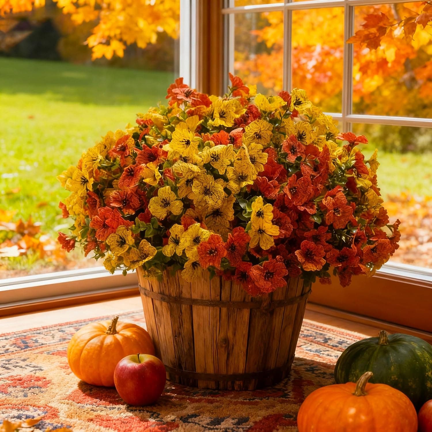 Artificial Fake Fall Plants Flowers Outside Decoration Faux Silk Colorful Daisy UV Resistant Look Real No Fade Front Door Porch Patio Yard Balcony Autumn Decor (Orange Yellow)