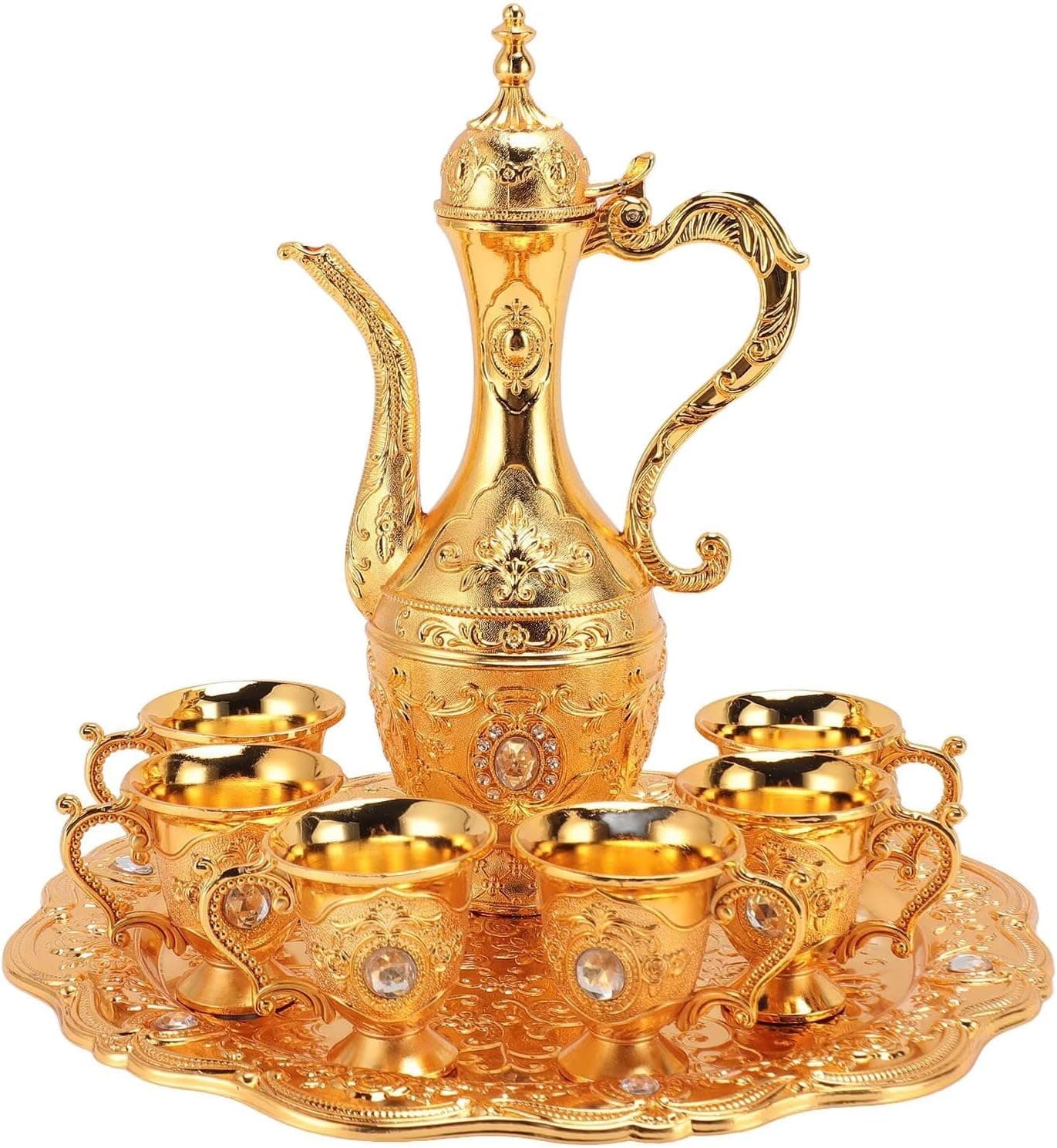 Vintage Turkish Tea Set with Tray and 6 Cups Exquisite Wine Pot Set Decorative Retro Tea Service Set for Home Party Decor (Gold)
