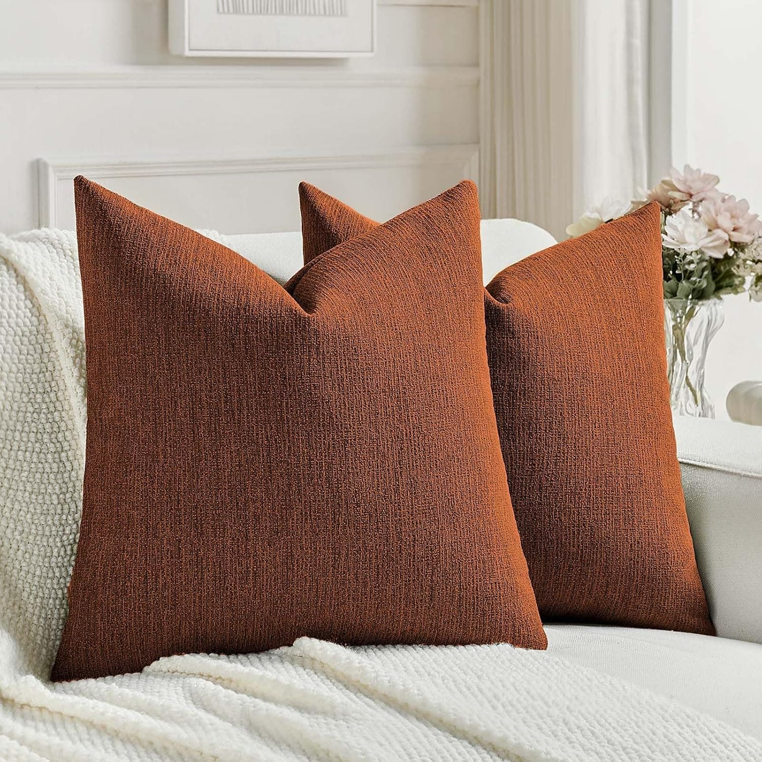 Pack of 2 Faux Linen Throw Pillow Covers 18x18 Inch,Rust