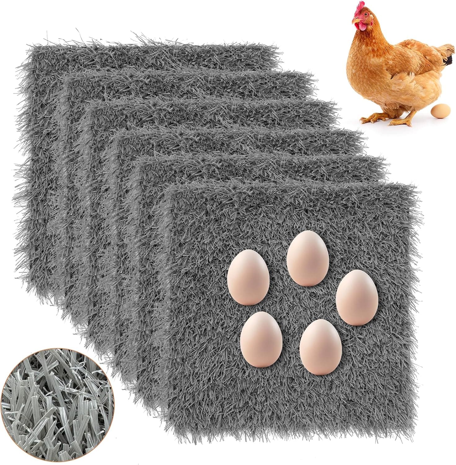 Chicken Nesting Pads 6 Pcs Washable and Reusable Nesting Pads for Chicken Coop Artificial Grass Rug Carpet Synthetic Turf Mat Garden Lawn Bedding for Chicken Hen Small Pets(Grey, 12"x12")