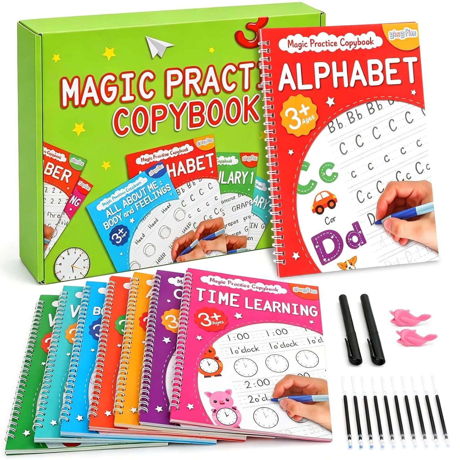 Magic Grooved Writing Practice Books for Kids 3-10, Large Reusable Handwriting Workbooks with Disappearing Ink, 3D Tracing Book Toy Gifts for Kindergarten Summer Workbook Preschool Learning Activities