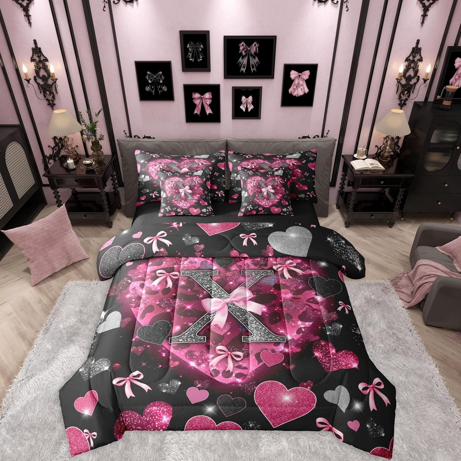 Erosebridal Alphabet Initial Letter X Bowknot Full Comforter Set 7 Pieces | Love Hearts Glitter Leopard Print Bed in A Bag for Bedroom Black Pink Bedding Set with Comforters Bow Cheetah Room Decor