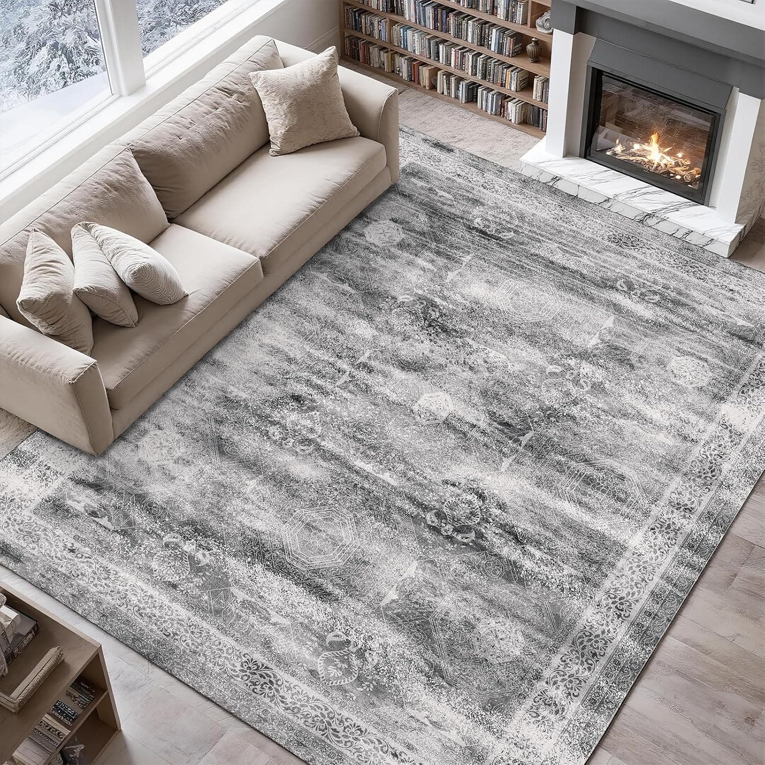 Vintage Pattern 6x9 Area Rug, Washable Rugs for Living Room, Bedroom, Low Pile Non-Slip Carpet, Soft Durable Indoor Rug for Under Coffee Table, Dining Area, Dorm, Home Office Decor, Grey