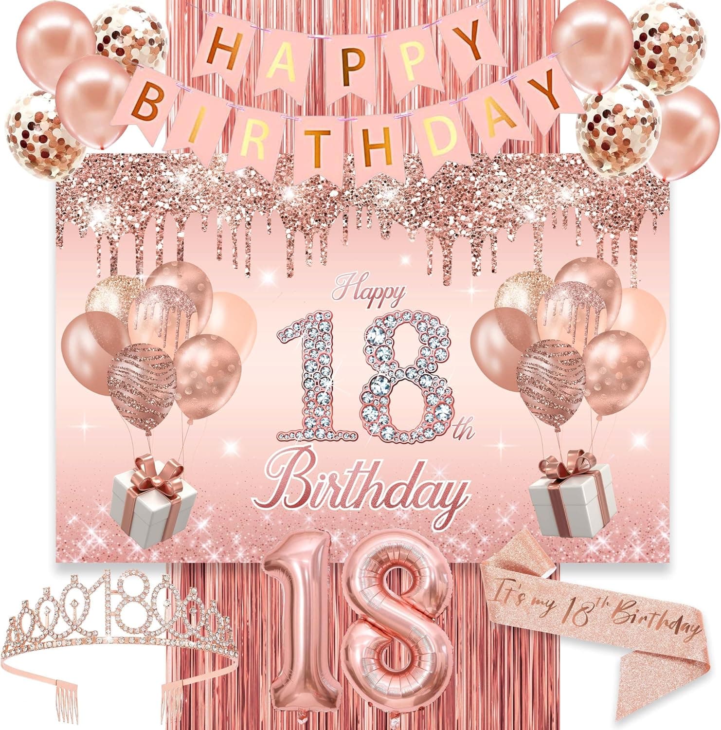 18th Birthday Decorations for Girls,rose gold happy birthday banner,happy 18th birthday Backdrop, it’s my 18th Birthday Sash, Sweet Rhinestone Tiara Crown,18th Balloons, Rose Gold - 2 Pack