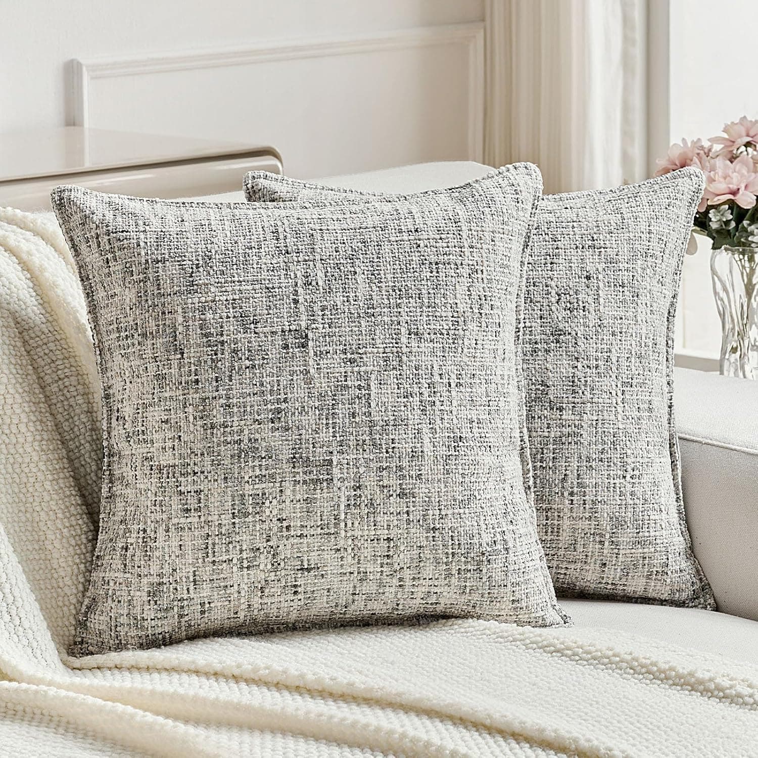 Pack of 2 Tweed Chenille Throw Pillow Covers 26x26 Inch, Black